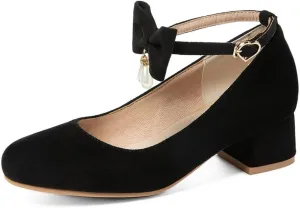 MIOKE Women's Chunky Mid Heel Dress Pumps Square Toe Buckle Suede Slip-On Comfort Casual Office Work Shoes