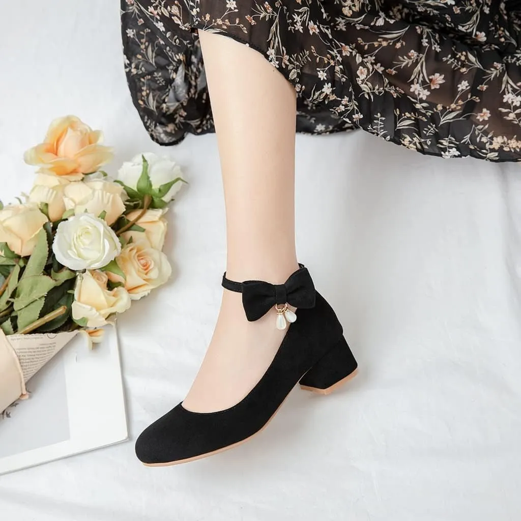 MIOKE Women's Chunky Mid Heel Dress Pumps Square Toe Buckle Suede Slip-On Comfort Casual Office Work Shoes