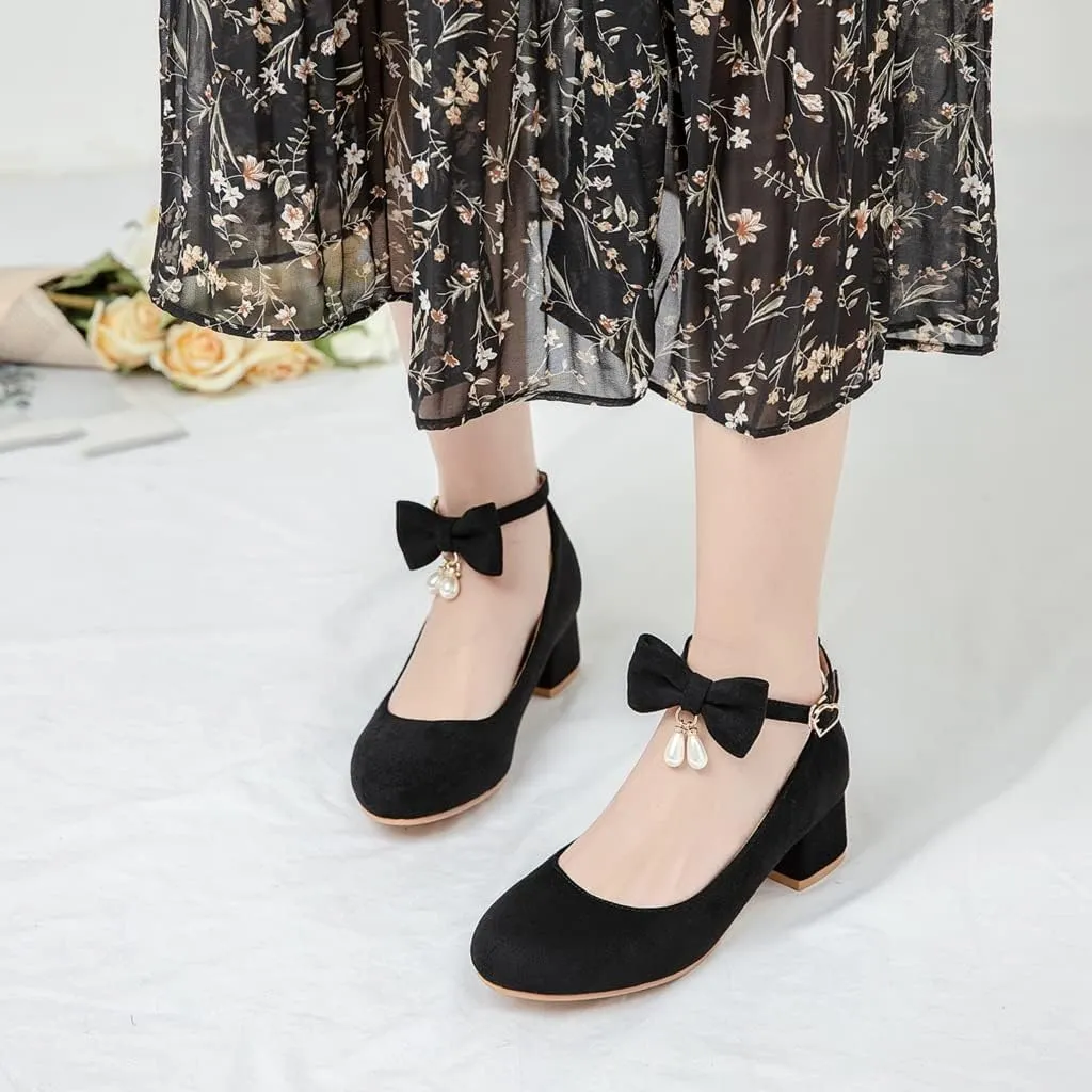 MIOKE Women's Chunky Mid Heel Dress Pumps Square Toe Buckle Suede Slip-On Comfort Casual Office Work Shoes