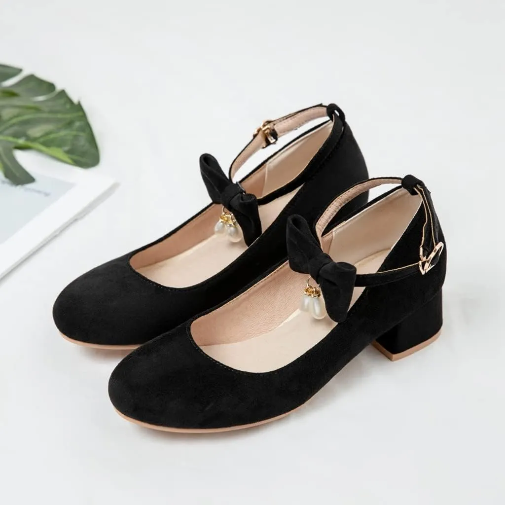 MIOKE Women's Chunky Mid Heel Dress Pumps Square Toe Buckle Suede Slip-On Comfort Casual Office Work Shoes