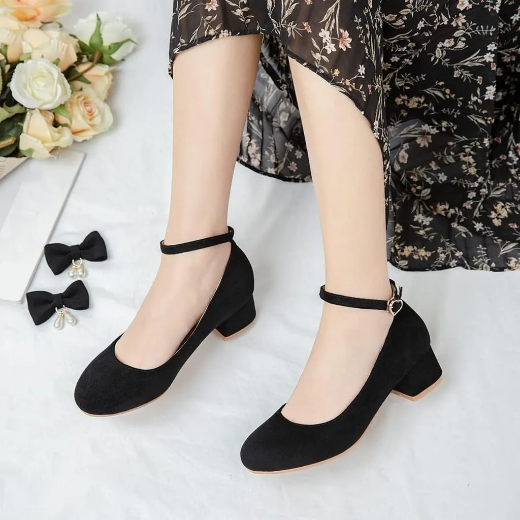 MIOKE Women's Chunky Mid Heel Dress Pumps Square Toe Buckle Suede Slip-On Comfort Casual Office Work Shoes