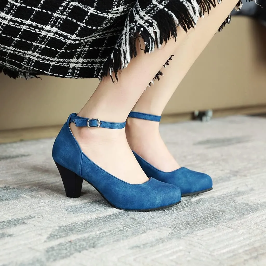 MIOKE Women's Fashion Square Toe Mid Heel Pumps Suede Pearl Buckle Strap Classic Mary Jane Dress Shoes