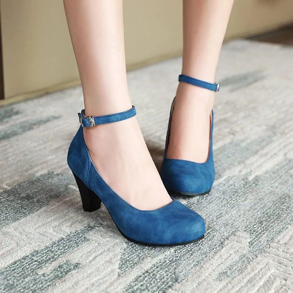 MIOKE Women's Fashion Square Toe Mid Heel Pumps Suede Pearl Buckle Strap Classic Mary Jane Dress Shoes