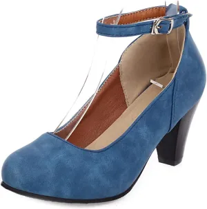 MIOKE Women's Fashion Square Toe Mid Heel Pumps Suede Pearl Buckle Strap Classic Mary Jane Dress Shoes