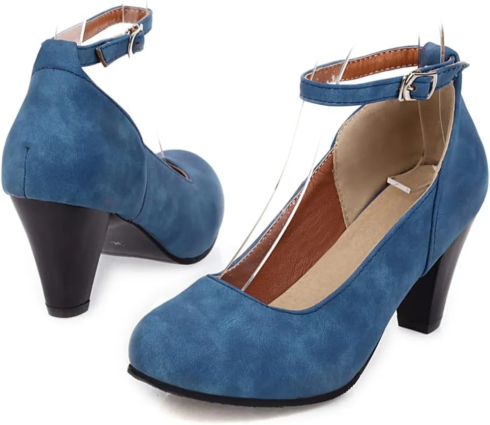 MIOKE Women's Fashion Square Toe Mid Heel Pumps Suede Pearl Buckle Strap Classic Mary Jane Dress Shoes