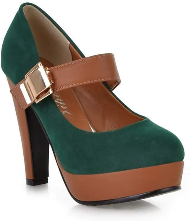 MIOKE Women's Platform High Chunky Block Heel Pumps Round Toe Buckle Strap Comfort Mary Jane Dress Shoes