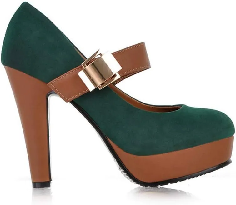 MIOKE Women's Platform High Chunky Block Heel Pumps Round Toe Buckle Strap Comfort Mary Jane Dress Shoes