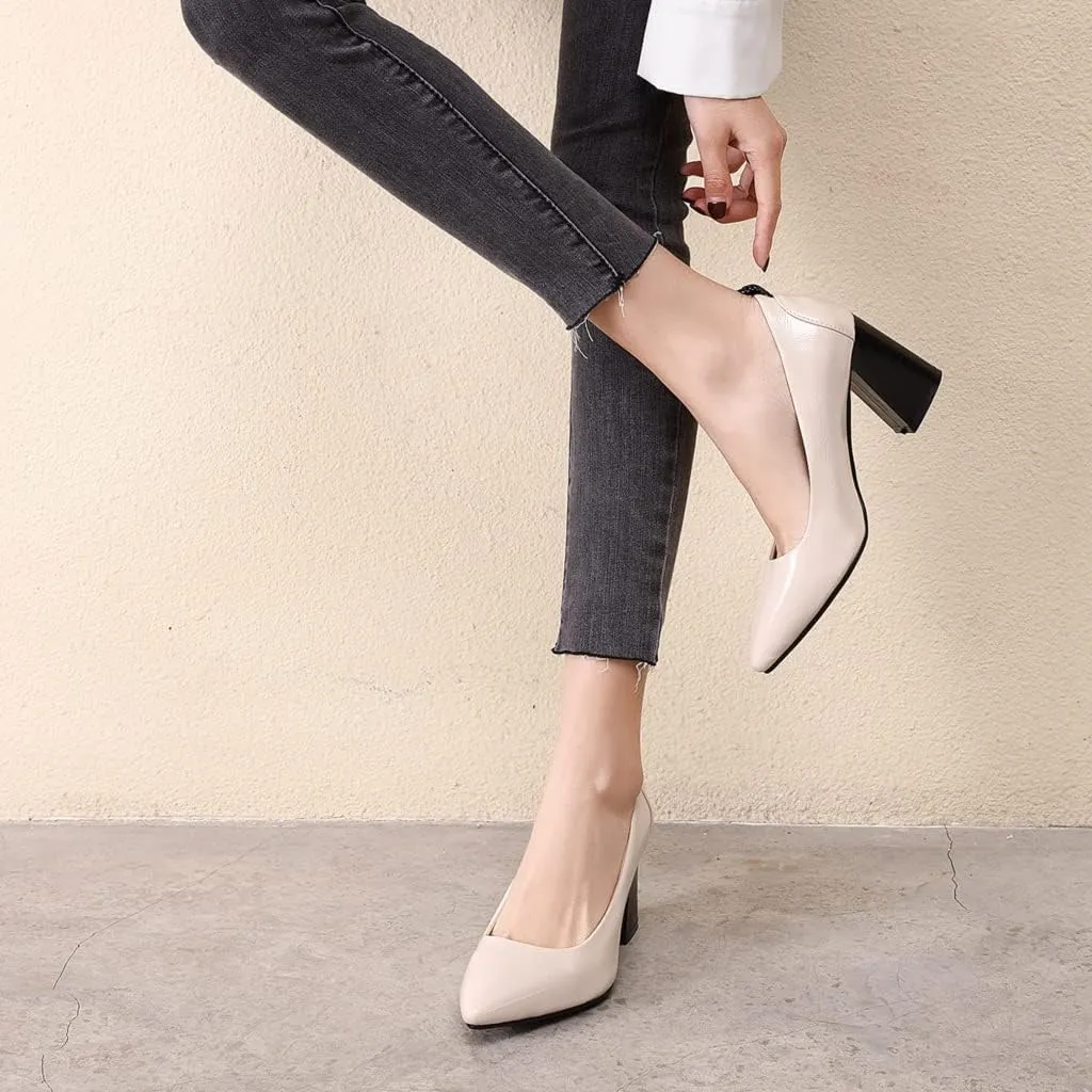 MIOKE Women's Pointed Toe Rhinestone Dress Pumps Suede Slip-On Chunky Mid Heel Wedding Party Evening Shoes