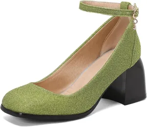 MIOKE Women's Square Toe Chunky Low Block Heel Pumps Leather Slip-On Comfort Casual Work Office Dress Shoes