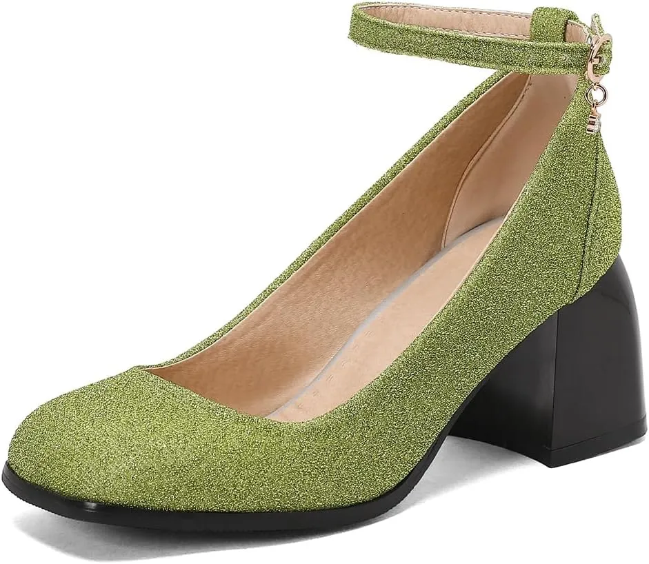 MIOKE Women's Square Toe Chunky Low Block Heel Pumps Leather Slip-On Comfort Casual Work Office Dress Shoes