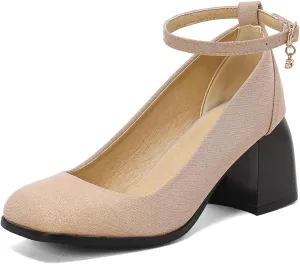 MIOKE Women's Square Toe Chunky Low Block Heel Pumps Leather Slip-On Comfort Casual Work Office Dress Shoes