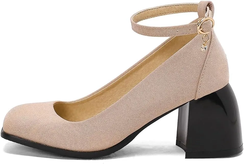 MIOKE Women's Square Toe Chunky Low Block Heel Pumps Leather Slip-On Comfort Casual Work Office Dress Shoes