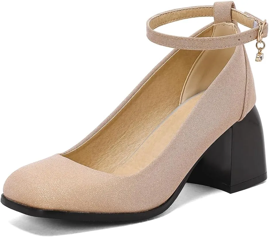 MIOKE Women's Square Toe Chunky Low Block Heel Pumps Leather Slip-On Comfort Casual Work Office Dress Shoes