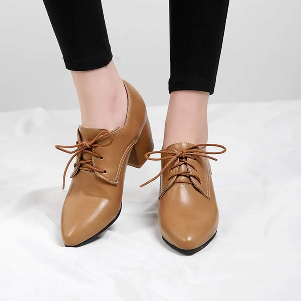 MIOKE Women's Vintage Lace Up Pump Oxfords Pointed Toe Chunky Block Mid Heel Brogues Office Dress Shoes