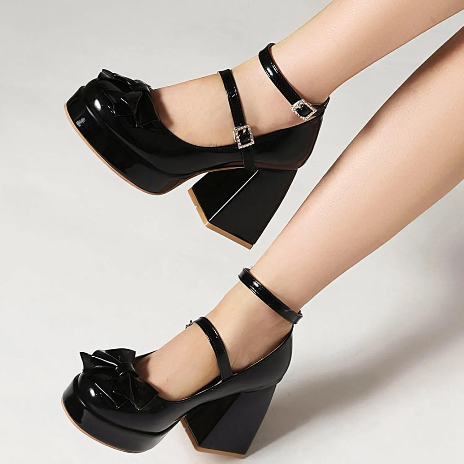 MOJARI Women Bow Platform Chunky Pumps Round Toe Closed Toe Ankle Strap High Heels Shoes Wedding Dress Shoes