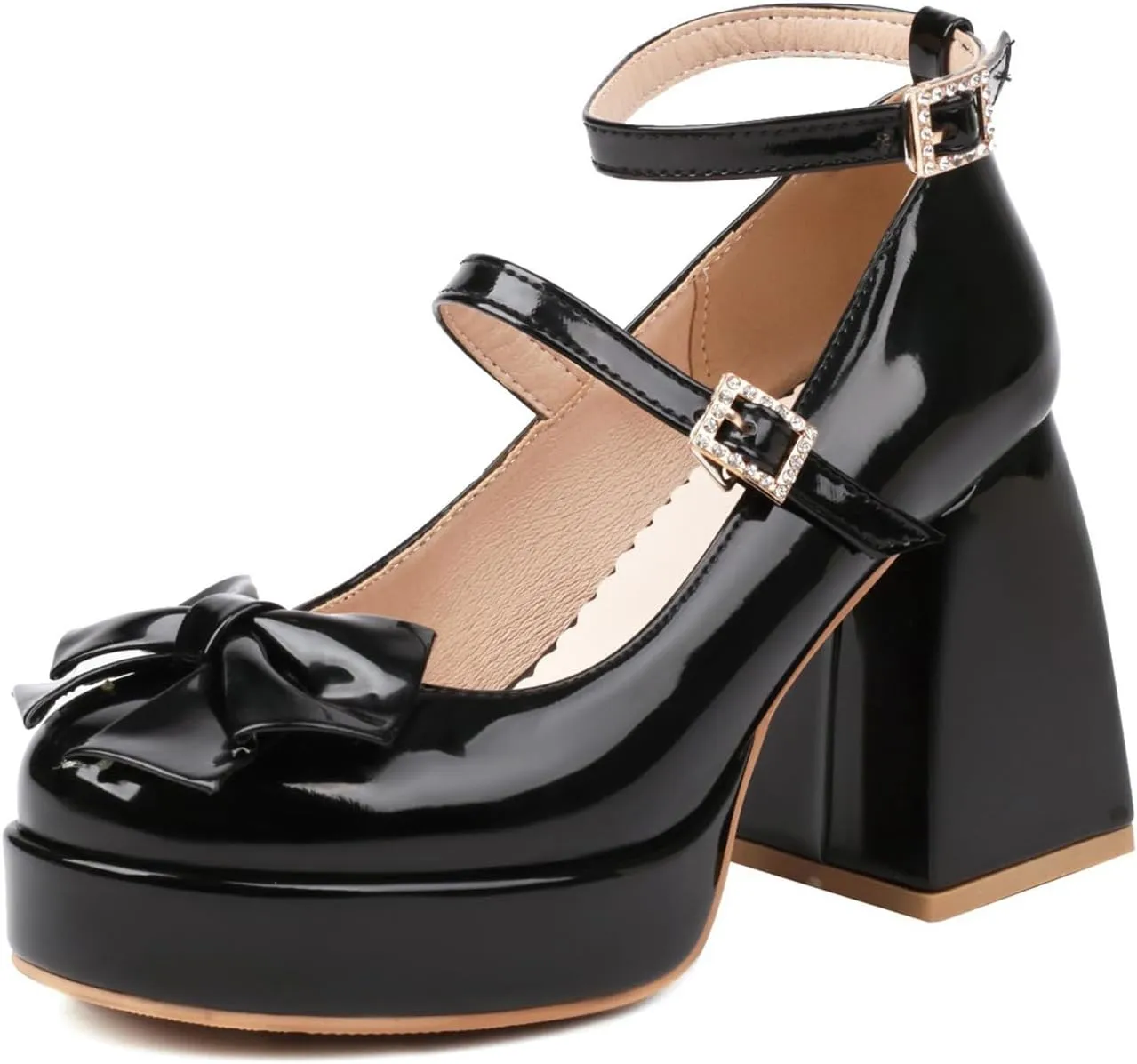 MOJARI Women Bow Platform Chunky Pumps Round Toe Closed Toe Ankle Strap High Heels Shoes Wedding Dress Shoes