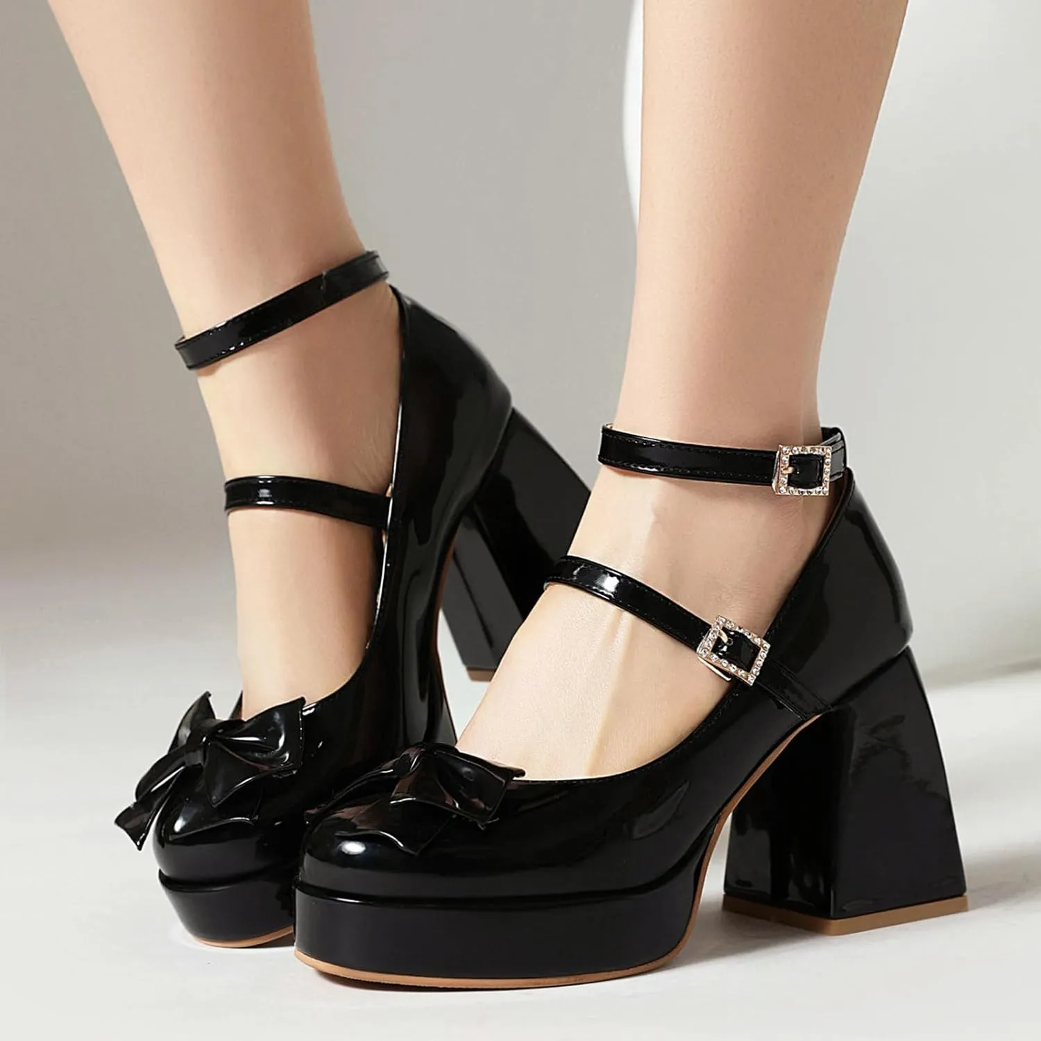 MOJARI Women Bow Platform Chunky Pumps Round Toe Closed Toe Ankle Strap High Heels Shoes Wedding Dress Shoes