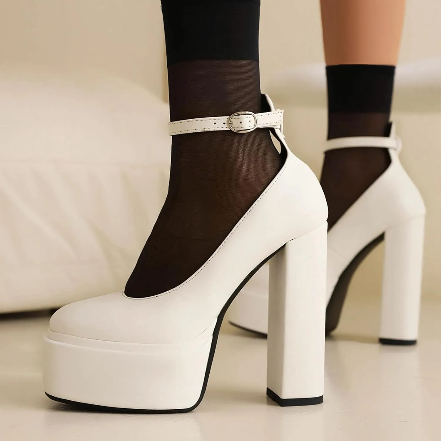 MOJARI Womens Platform High Block Heels Closed Toe Ankle Strap Sandals Square Toe Buckles Heels Pumps Fashion Dress Party Shoes