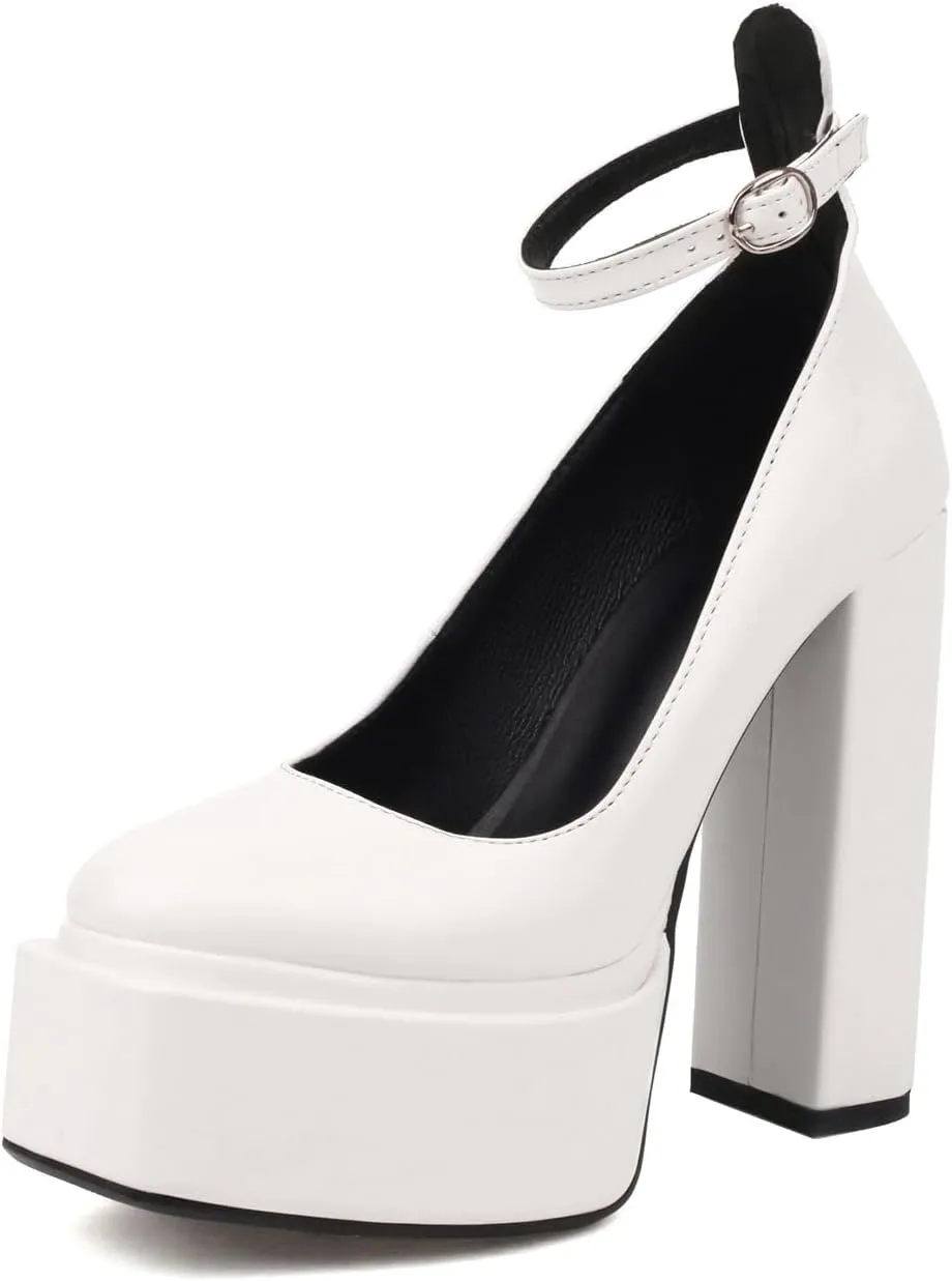 MOJARI Womens Platform High Block Heels Closed Toe Ankle Strap Sandals Square Toe Buckles Heels Pumps Fashion Dress Party Shoes