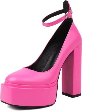 MOJARI Womens Platform High Block Heels Closed Toe Ankle Strap Sandals Square Toe Buckles Heels Pumps Fashion Dress Party Shoes