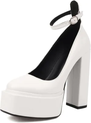 MOJARI Womens Platform High Block Heels Closed Toe Ankle Strap Sandals Square Toe Buckles Heels Pumps Fashion Dress Party Shoes