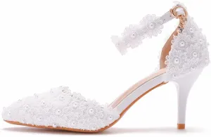 MYFSPORTS Wedding Shoes Ladies Sandals Pointed Toe Heels Lace Beaded Wedding High Heels Evening Dress Bride Bridesmaid Princess Shoes
