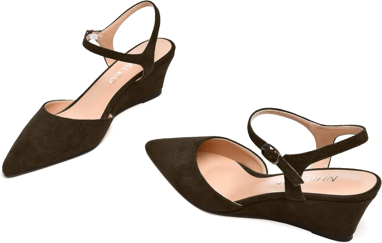 NUMALEO Womens Dress Dating Pointed Toe Suede Comfortable Buckle Ankle Strap Wedge Low Heel Pumps Shoes 2 Inch