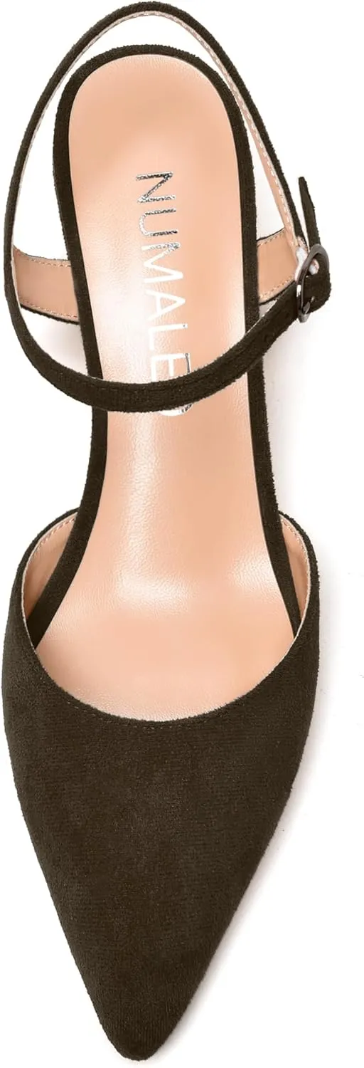 NUMALEO Womens Dress Dating Pointed Toe Suede Comfortable Buckle Ankle Strap Wedge Low Heel Pumps Shoes 2 Inch