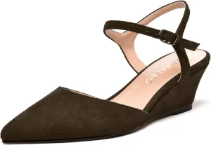 NUMALEO Womens Dress Dating Pointed Toe Suede Comfortable Buckle Ankle Strap Wedge Low Heel Pumps Shoes 2 Inch