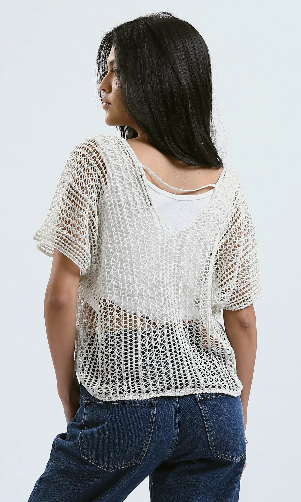 O182705 Perforated Crochet White Summer Top