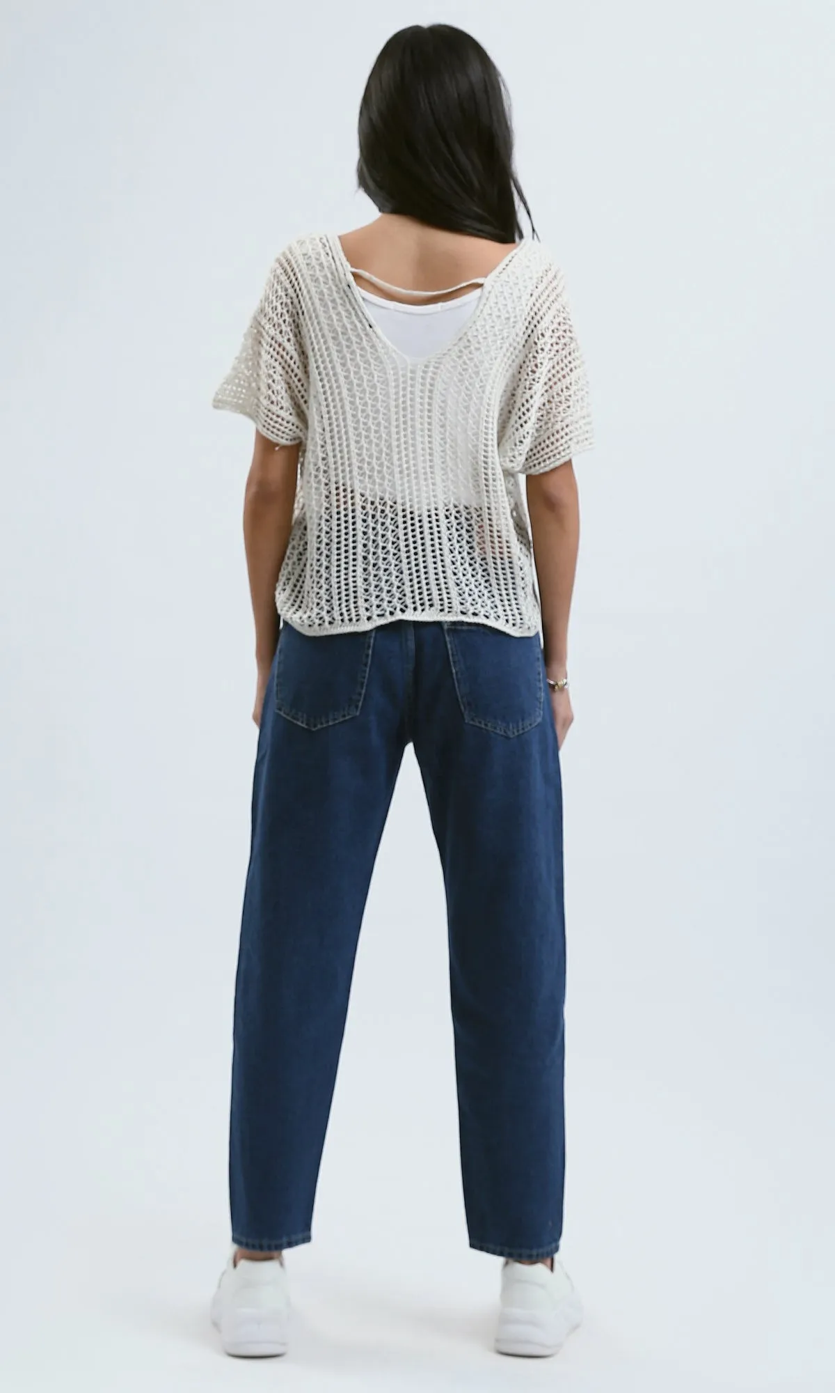O182705 Perforated Crochet White Summer Top