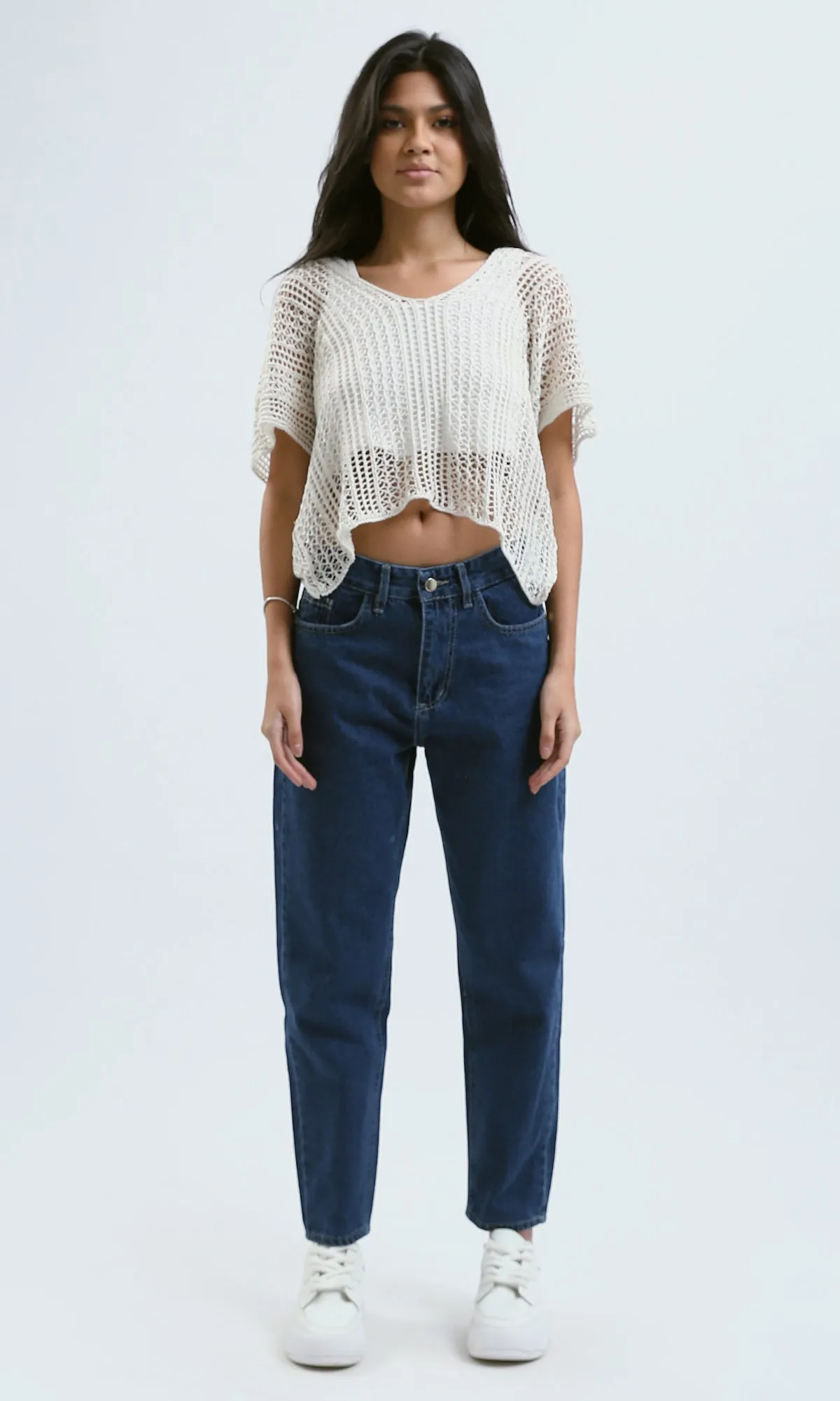 O182705 Perforated Crochet White Summer Top