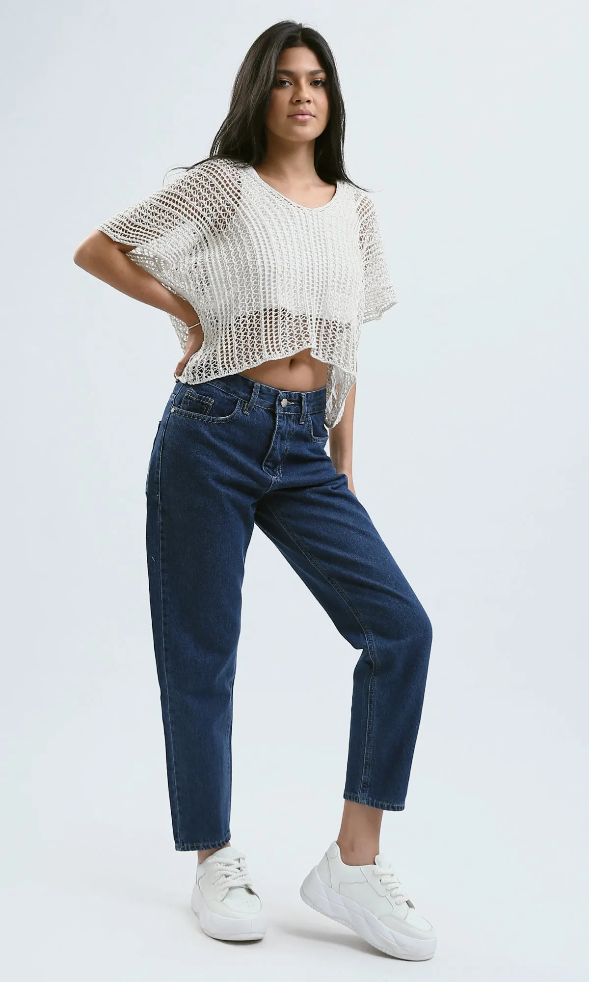 O182705 Perforated Crochet White Summer Top