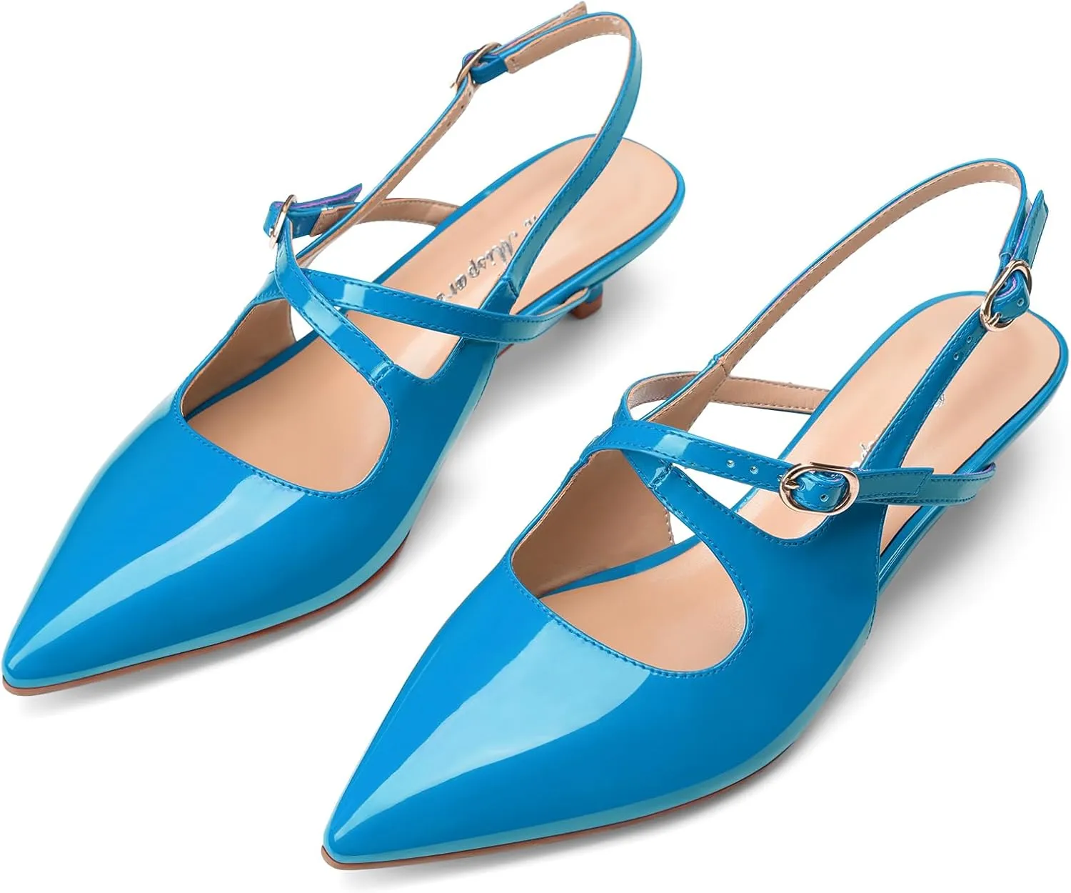 Oh Mispares Pointed Toe Kitten Heels for Women Slingbacks Low Heel Dressy Pumps Patent Leather Closed Toe Cross Strap Slingback Dress Shoes