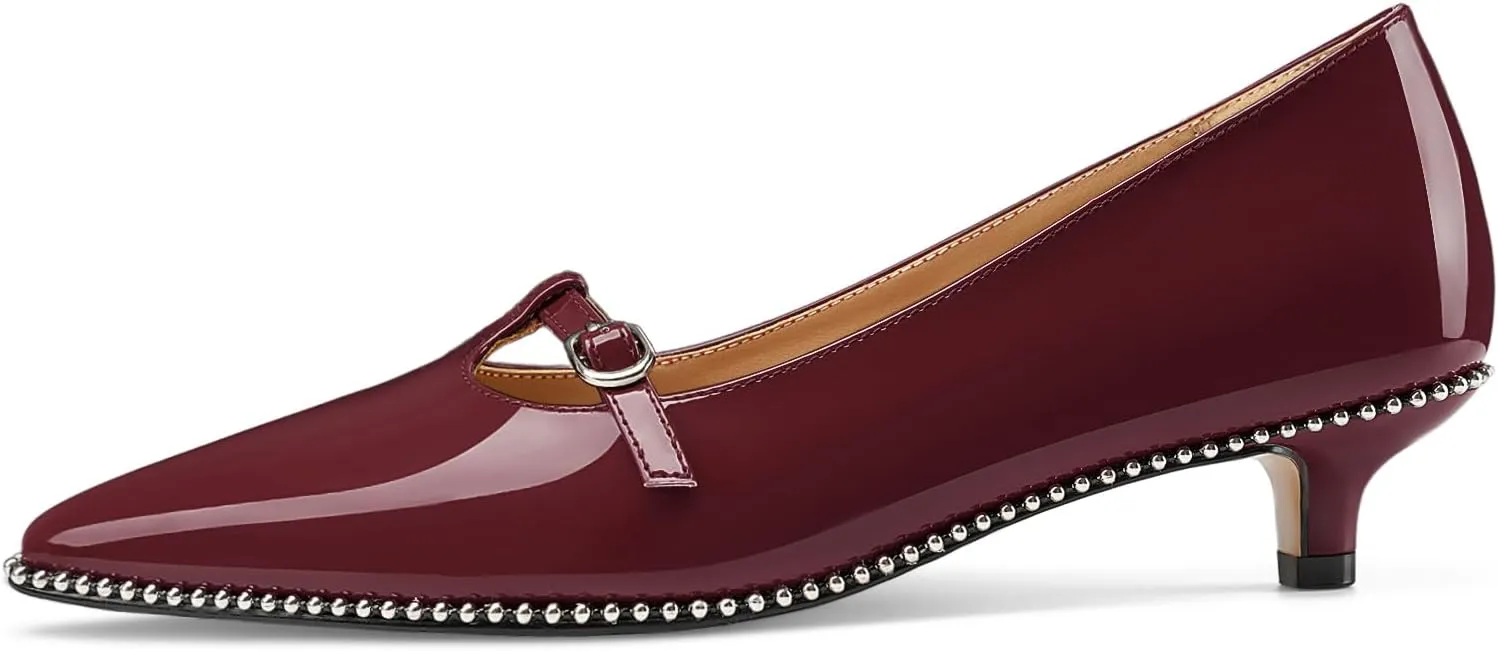 Oh Mispares Women's Low Kitten Heels Pointed Toe Beaded Pumps for Women Slip-on Comfortable Office Work Dress Shoes with Buckle