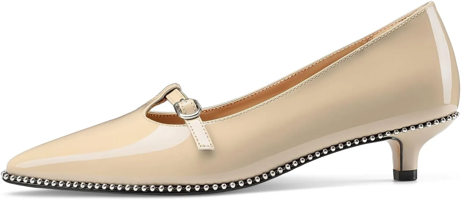 Oh Mispares Women's Low Kitten Heels Pointed Toe Beaded Pumps for Women Slip-on Comfortable Office Work Dress Shoes with Buckle