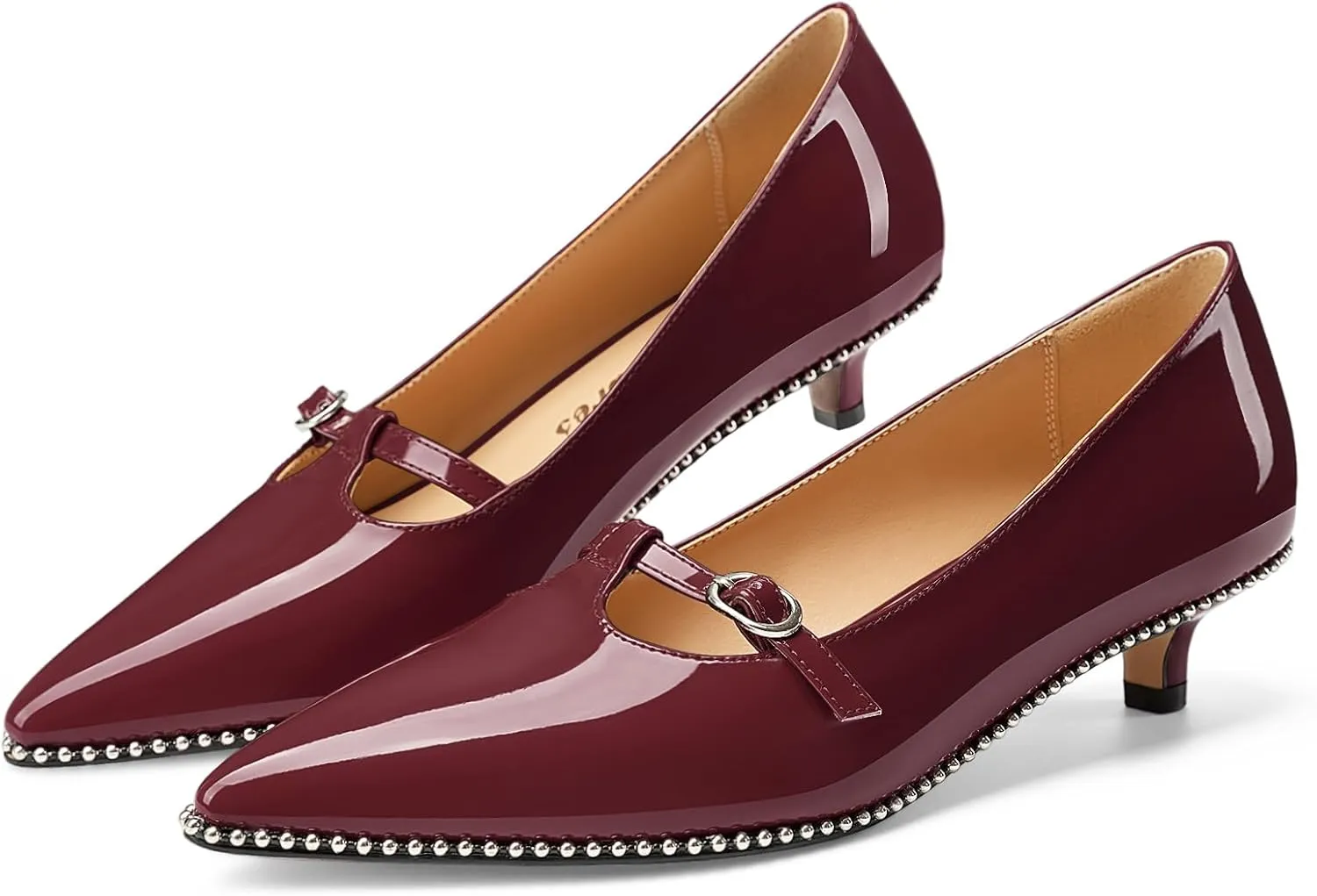 Oh Mispares Women's Low Kitten Heels Pointed Toe Beaded Pumps for Women Slip-on Comfortable Office Work Dress Shoes with Buckle