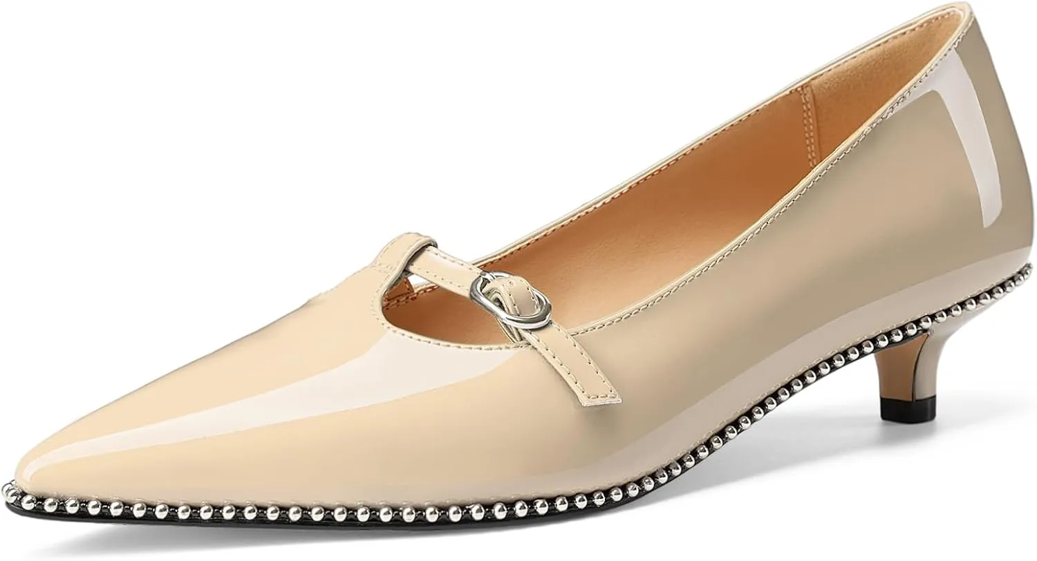 Oh Mispares Women's Low Kitten Heels Pointed Toe Beaded Pumps for Women Slip-on Comfortable Office Work Dress Shoes with Buckle