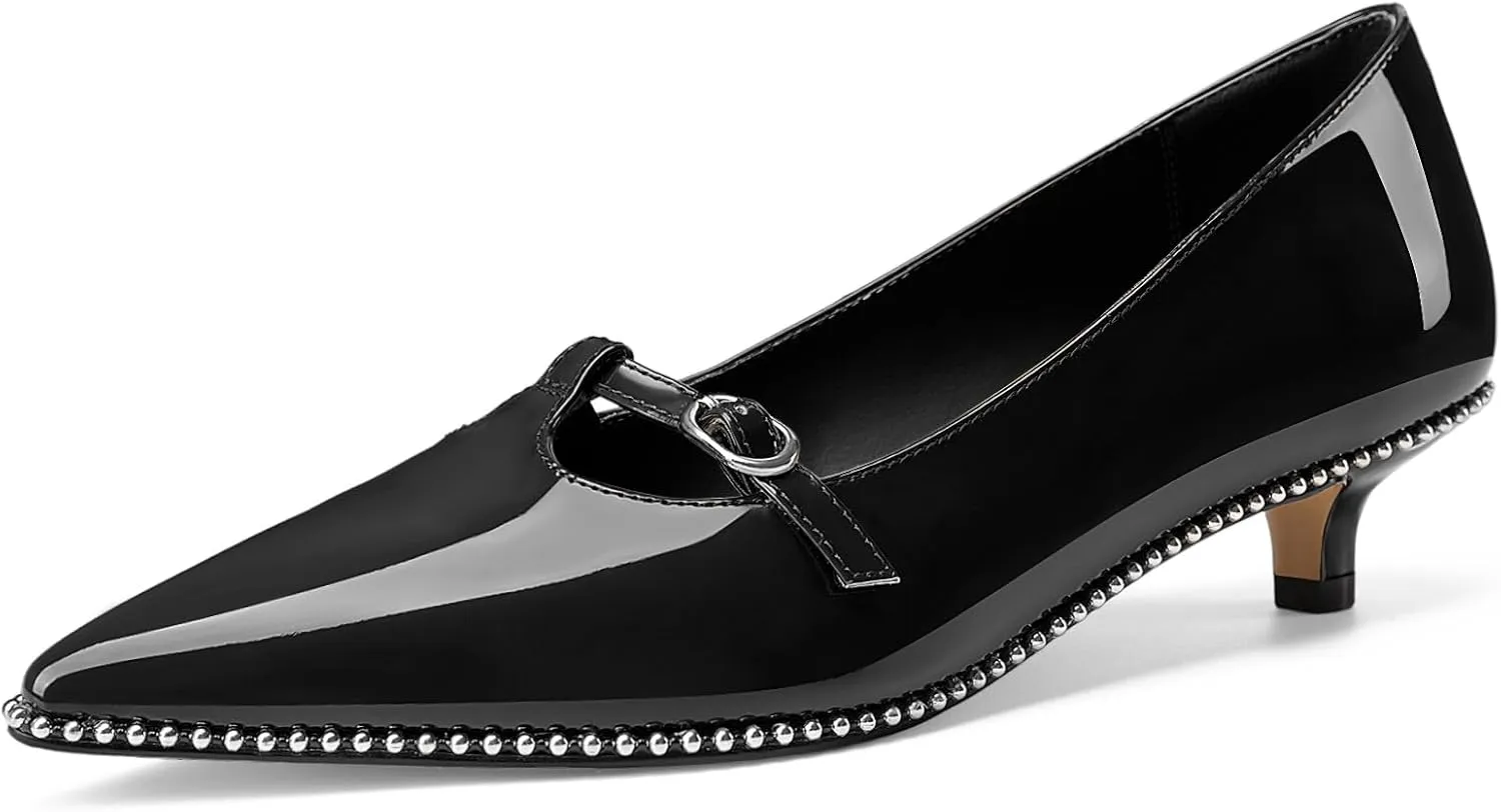 Oh Mispares Women's Low Kitten Heels Pointed Toe Beaded Pumps for Women Slip-on Comfortable Office Work Dress Shoes with Buckle
