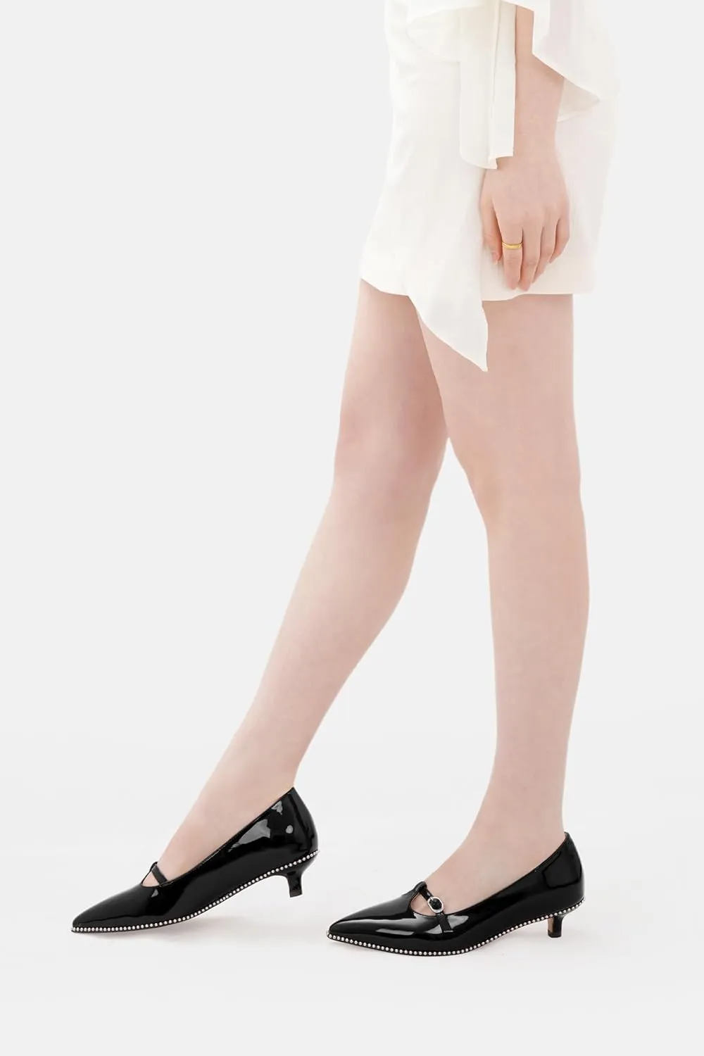 Oh Mispares Women's Low Kitten Heels Pointed Toe Beaded Pumps for Women Slip-on Comfortable Office Work Dress Shoes with Buckle