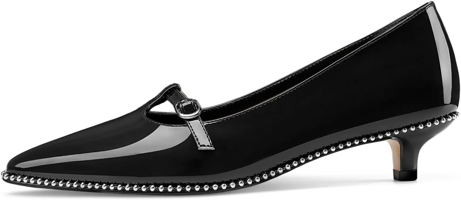 Oh Mispares Women's Low Kitten Heels Pointed Toe Beaded Pumps for Women Slip-on Comfortable Office Work Dress Shoes with Buckle