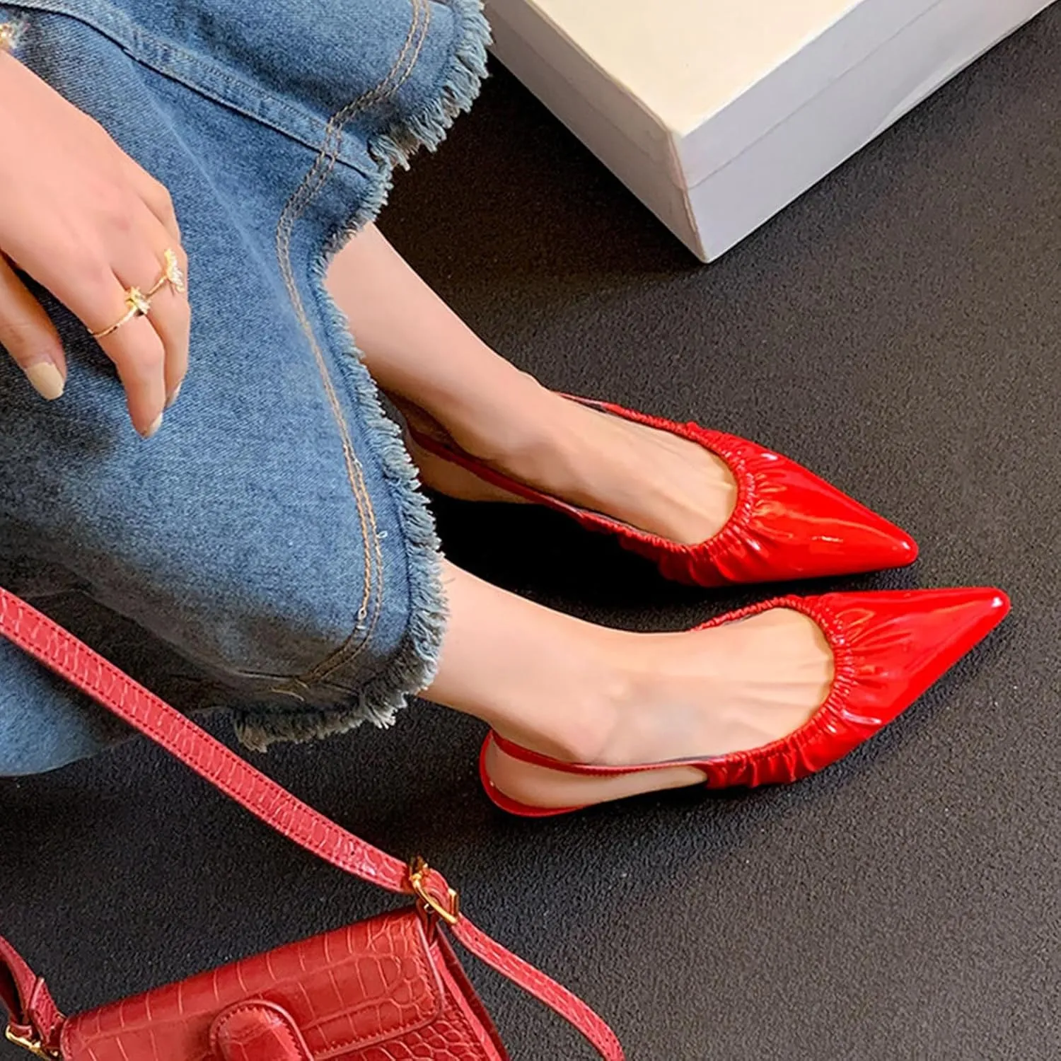 olomisa Slingback Pumps for Women, Kitten Heels with Pointed Toe Low Heel Sandals Ankle Strap Heels Slip-On Pumps