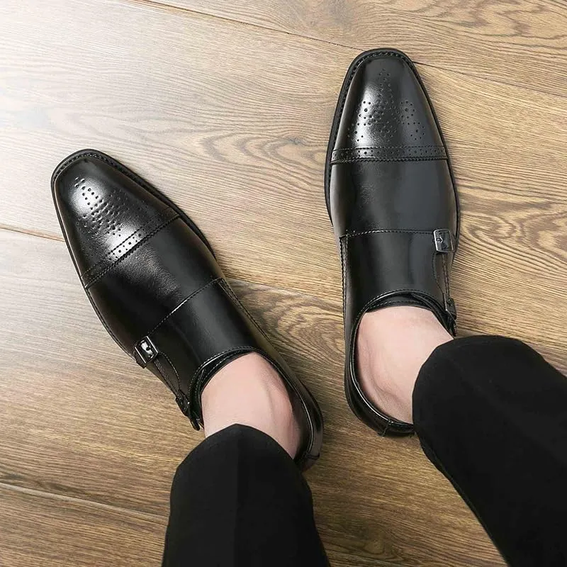 Oxford Dress Shoes for Men Slip On Square Burnished Toe Brogue Cap Toe Double Monk Strap Vegan Leather Low Top Anti-Slip Slip Resistant Walking(Black,10)