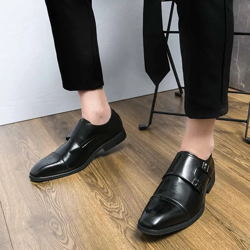 Oxford Dress Shoes for Men Slip On Square Burnished Toe Brogue Cap Toe Double Monk Strap Vegan Leather Low Top Anti-Slip Slip Resistant Walking(Black,10)