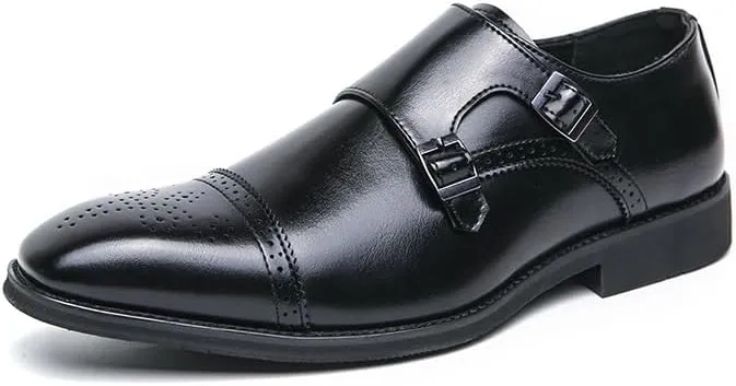 Oxford Dress Shoes for Men Slip On Square Burnished Toe Brogue Cap Toe Double Monk Strap Vegan Leather Low Top Anti-Slip Slip Resistant Walking(Black,10)