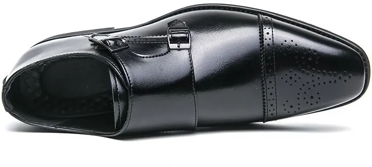 Oxford Dress Shoes for Men Slip On Square Burnished Toe Brogue Cap Toe Double Monk Strap Vegan Leather Low Top Anti-Slip Slip Resistant Walking(Black,10)