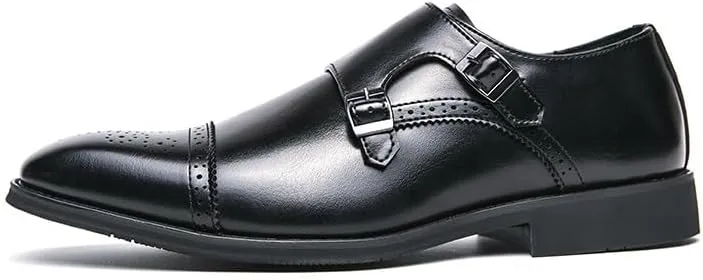 Oxford Dress Shoes for Men Slip On Square Burnished Toe Brogue Cap Toe Double Monk Strap Vegan Leather Low Top Anti-Slip Slip Resistant Walking(Black,10)