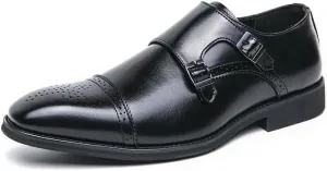 Oxford Dress Shoes for Men Slip On Square Burnished Toe Brogue Cap Toe Double Monk Strap Vegan Leather Low Top Anti-Slip Slip Resistant Walking(Black,10)