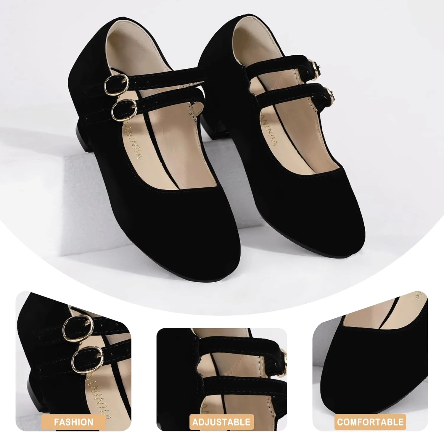 PANDANINJIA Christy Girls Heels Dress Shoes Mary Jane Rhinestone Bows Pumps Low Heel Princess Flower Wedding Party for Toddler Little Kid