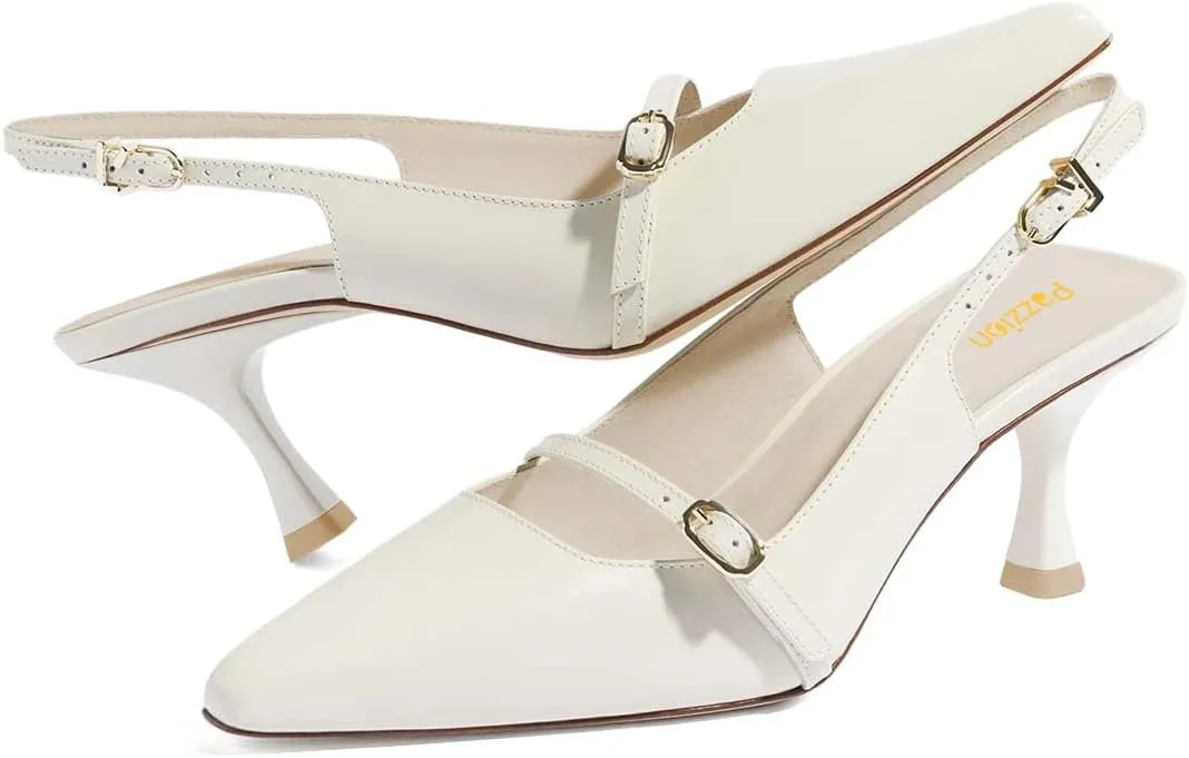 Pazzion Women's Pointed Closed Toe Slingback Pumps Mid Kitten Heel Ankle Strap Buckled Sandals Comfy Daily Prom Event Shoes Size 4-16 US